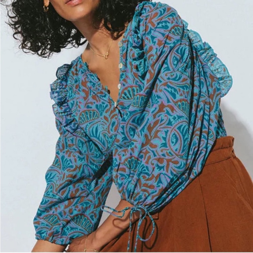 Cleobella Jayda Organic Cotton Blue Block Print Blouse Size Small